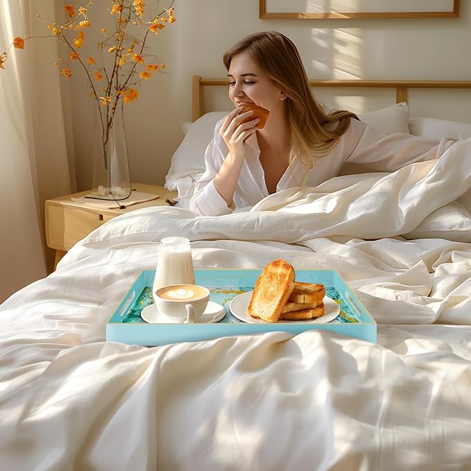 MAONAME Turquoise Serving Tray with Handles, Plastic Decorative Tray for Coffee Table, Marbling Rectangular Trays for Bathroom, Ottoman, Storage, 15.7" Lx 10.2" W X 1.57" H