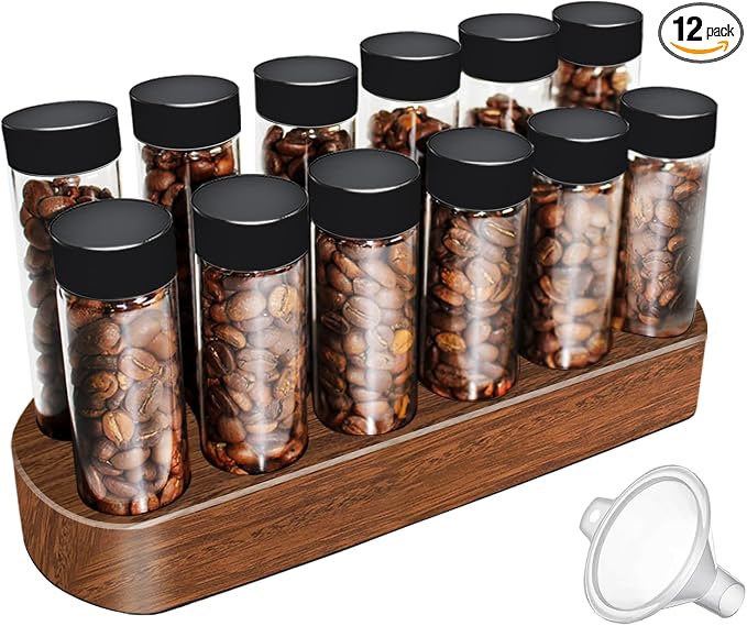 Single Dose Coffee Bean Storage Tubes - 12pcs Coffee Beans Container,Coffee Vials dosing container,glass espresso container with Wood Display Stand and Funnel (Type 1)