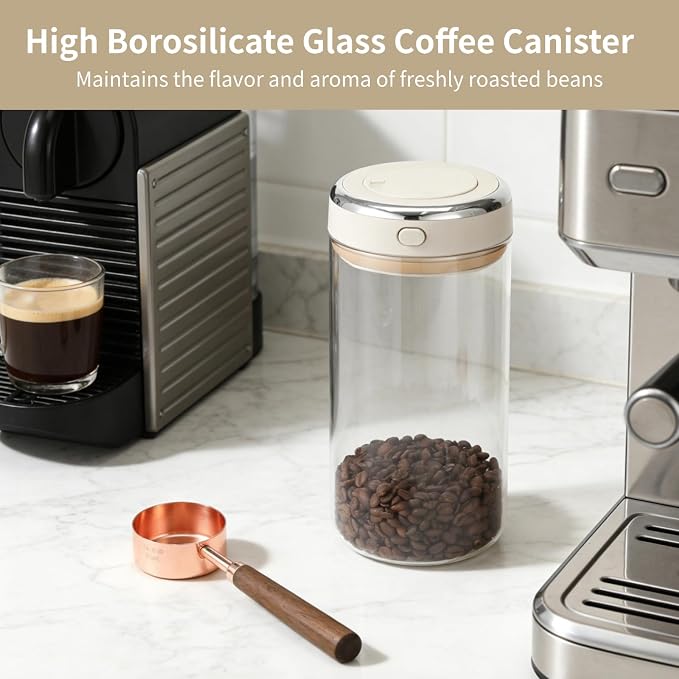 1700ml Glass Coffee Canister with 1/4 Cup Measuring Spoon, Airtight Coffee Bean Storage Jar with One-Way CO₂ Vent, Date Tracking Dial & One-Press Seal Lid, High Borosilicate Glass Jar for Tea Sugar