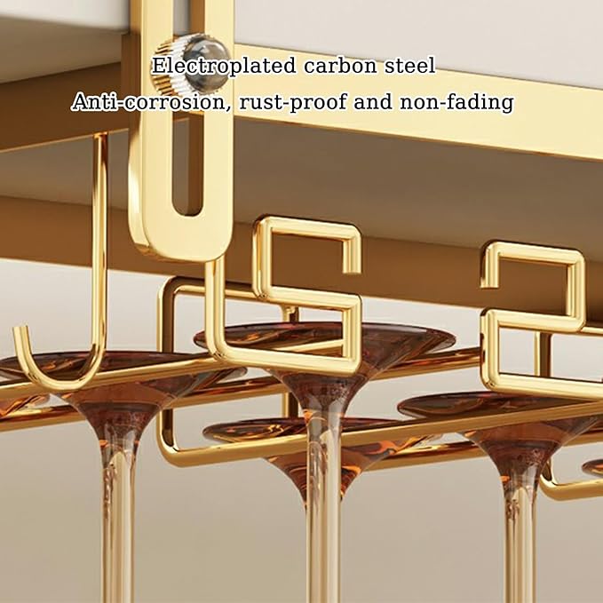 Wine Glass Rack Under Cabinet, Nail Free Wine Glass Holder Under Liquor Shelf, Hanging Adjustable Stemware Storage Drying Hanger Organizer for Kitchen Cabinet Bar(24CM/9.4in), Gold