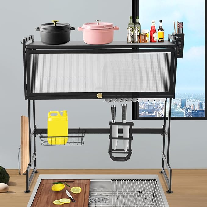 Over The Sink Dish Drying Rack 2 Tier Large Dish Drainer Drying Rack 29.53" W x 31.5" H Multifunctional Kitchen Organizers and Storage for Dishes, Glasses, Bowls, and Cutlery (Black)