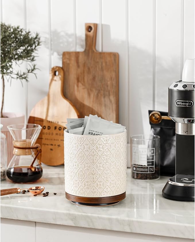 Kitchen Utensil Holder, 360° Rotating Extra Large Ceramic Utensil Holder with Embossed Pattern, 7.3” Cooking Utensil Crocks for Kitchen Countertop, Home Decor, Off-White