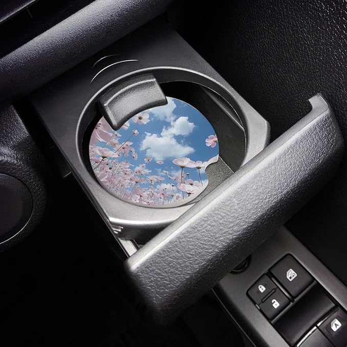 Small Car Coasters for Cup Holders 2.6" Dia Absorbent Coasters Set of 6 Car Interior Accessories for Women Men Ceramic Car Coaster for Drinks with Finger Grooves,Blue Sky Clouds Pink Flowers
