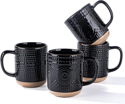 GBhome Large Coffee Mugs Set of 4, 16oz Handmade Stoneware Coffee Mugs Set with Large Handle for Cappuccino/Latte/Tea/Hot Cocoa, Dishwasher & Microwave Safe, Black