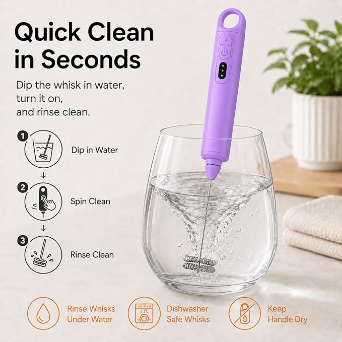 Rechargeable Milk Frother Handheld 3 Speed Coffee Foamer [3 Whisk] Electric Drink Mixer for Latte, Cappuccino, Coffee, Eggs, Hot Chocolate, Purple