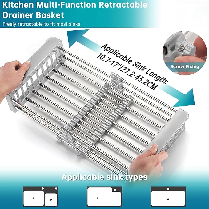 Expandable Dish Drying Rack Over The Sink, Stainless Steel Drainer Basket with Adjustable Arms for Dishes, Vegetable and Fruit (Grey)