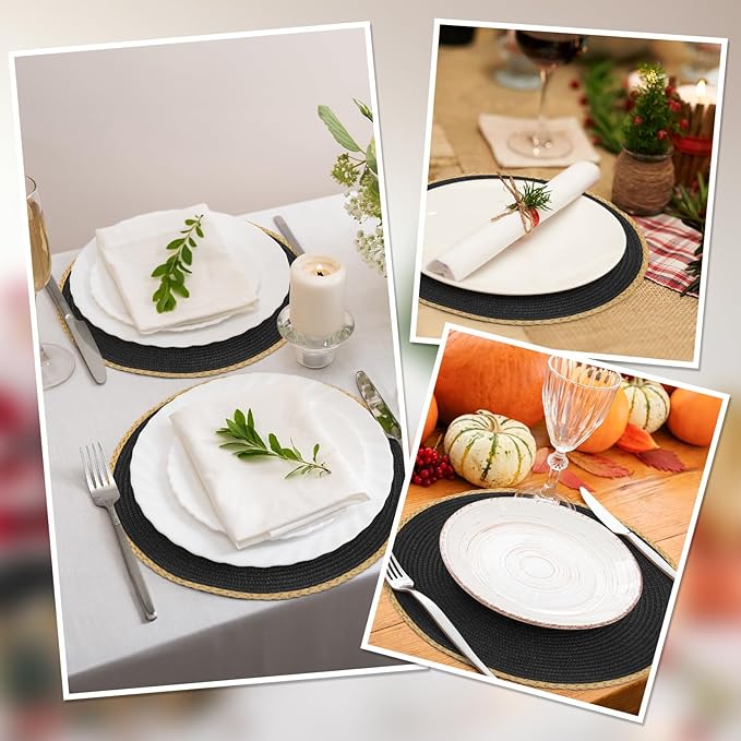 comfoyar Black Round Braided Placemats Set of 6, 14.2x14.2 Inch Non-Slip Place Mats, Washable Heat Resistant Table Mats for Indoor Kitchen Dining Party Table Decoration