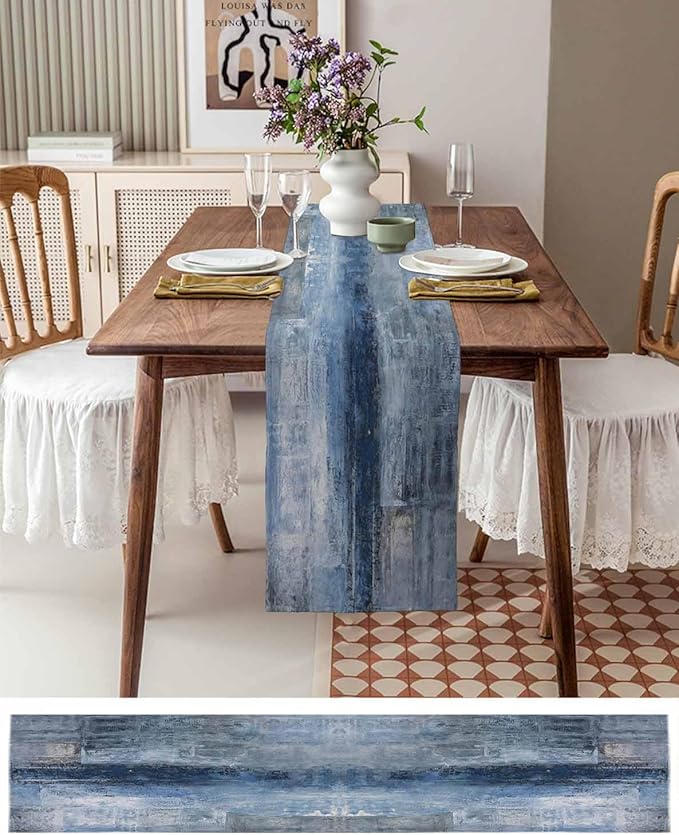Burlap Linen Table Runner - 90 Inch Long, Retro Rustic Art Abstract Modern Decor Kitchen Dining Table Runner Dresser Scarves, Blue Ombre Painting Farmhouse Decor for Coffee Table Wedding Party Banquet