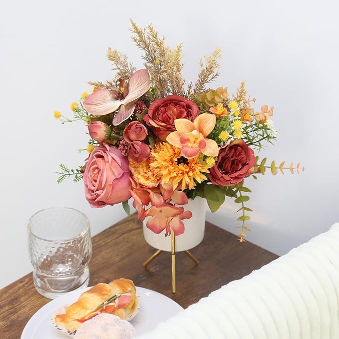 Artificial Flower Arrangement with Ceramic Vase and Gold Metal Stand, Orange and Terracotta Mixed Seasonal Flowers, 12x9 Inches, Silk, Dining Room Centerpiece