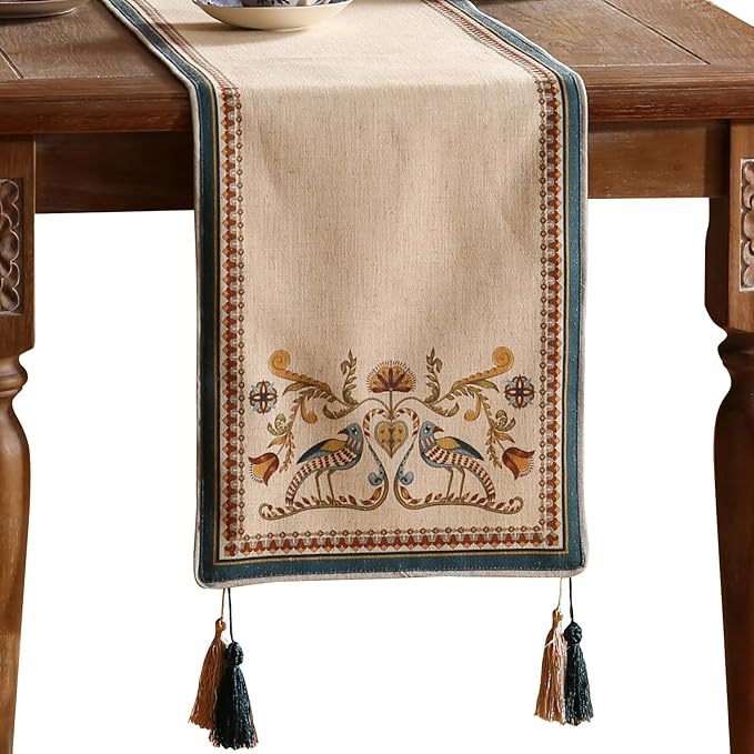 patdrea Designer Beige Farmhouse Geometric Patterned Linen Table Runner 71 Inch Long,Wrinkle Resistant Table Mat,Decoration for Kitchen Dining and Coffee Tables Banquet Christmas , 12"x71"