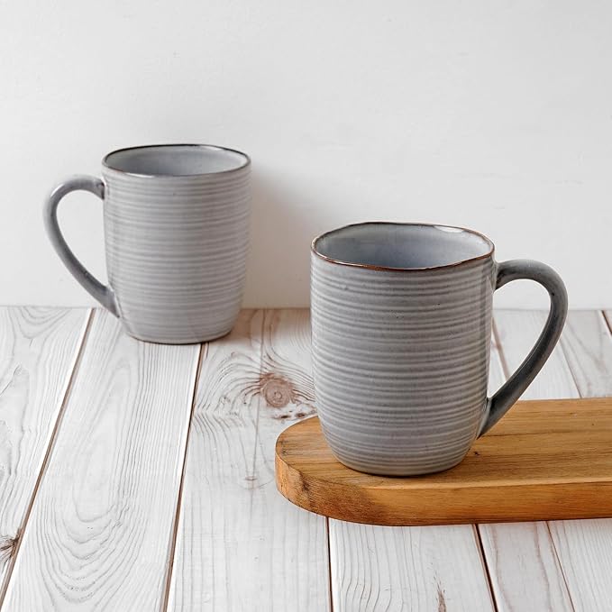 famiware Tempus Coffee Mugs Set of 4, 14 oz Coffee Cup Set, Stoneware Mugs with Handle for Coffee, Tea, Cocoa, Milk, Cappuccino, Microwave Safe - Pearl Blue