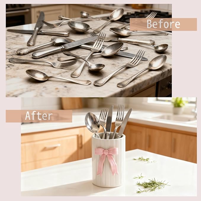 Handmade Pink Bow Ceramic Utensil Holder, 3D Coquette Cooking Utensil Crock with Scalloped Edge, Stable & Easy to Clean Kitchen Storage Caddy Organizer Vase Decor for Countertop Housewarming Gift