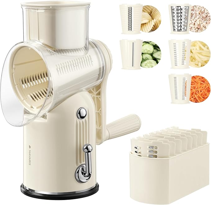 Navaris Rotary Cheese Grater with 5 Blades - Vegetable Shredder, Strong Suction Base, Mandoline Slicer for Fruit, Nuts, Dishwasher Safe, with Storage Box, Easy to Clean, Cream