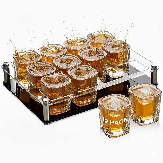 Ruckae 12 Pack 2oz Shot Glasses Set with Trays Heavy Base Clear Square Shot Glasses Bulk for Vodka Tequila Whiskey Liquor