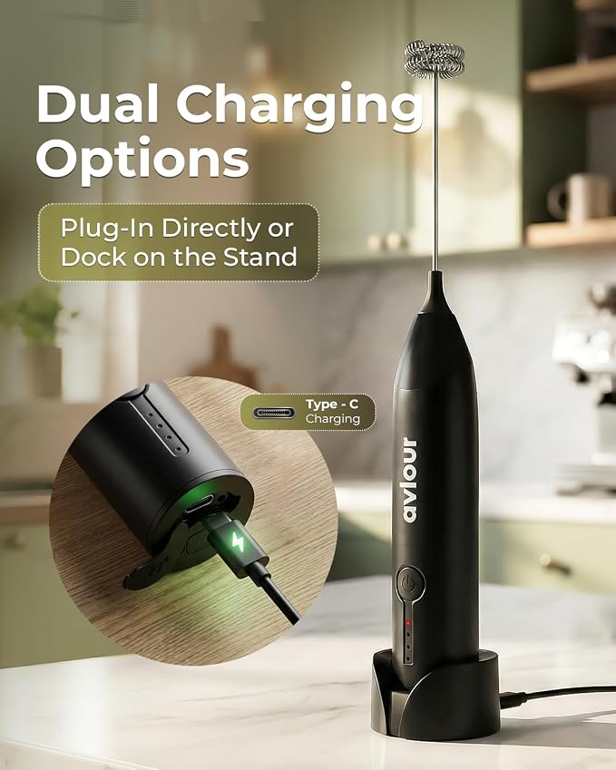 Electric Milk Frother Handheld Rechargeable, Handheld Foam Maker with Dual Stainless Steel Whisk, Multiple Speeds, Perfect for Coffee, Lattes, Cappuccino, & Matcha (Core, Black)