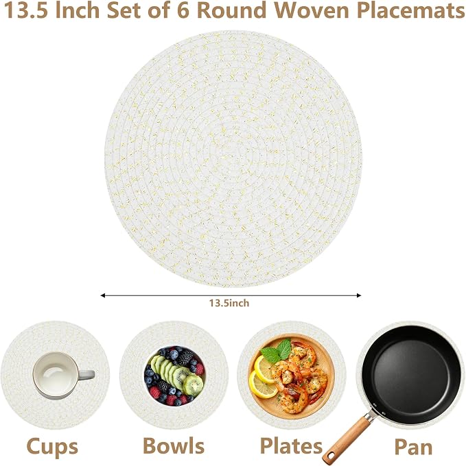 Round Woven Placemats Set of 6, 13.4 Inches Cotton Round Placemats, Heat Resistant Washable Table Mats for Indoor & Outdoor Dining Table Decor
