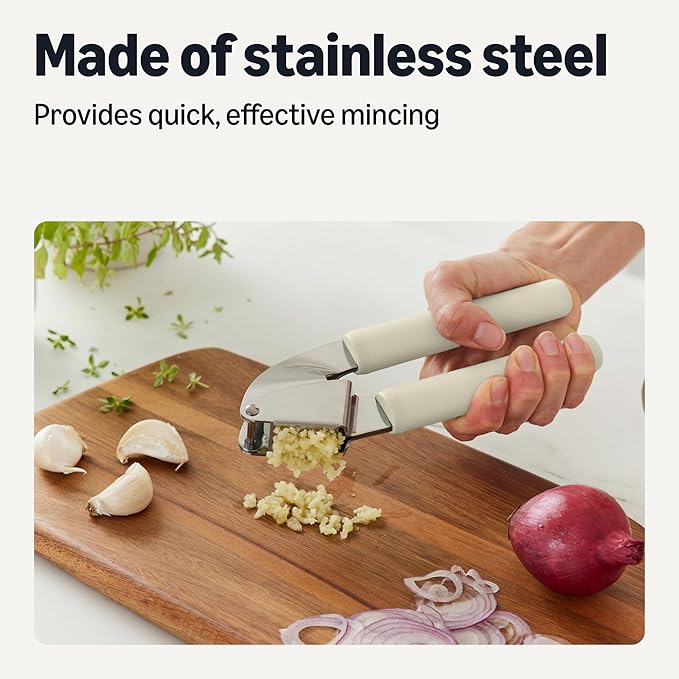 Amazon Basics Garlic Press, Stainless Steel, Soft Grip Handle, Dishwasher-Safe, Linen Gray
