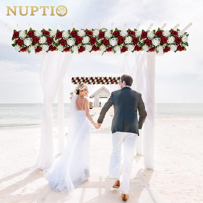 NUPTIO Flower Wedding Centerpieces for Tables - 6 Pcs 19.6in Long Burgundy & White Artificial Flower Arrangement for Dining Table Centerpiece- Fake Rose Arrangements for Weddings Birthday Party Decor