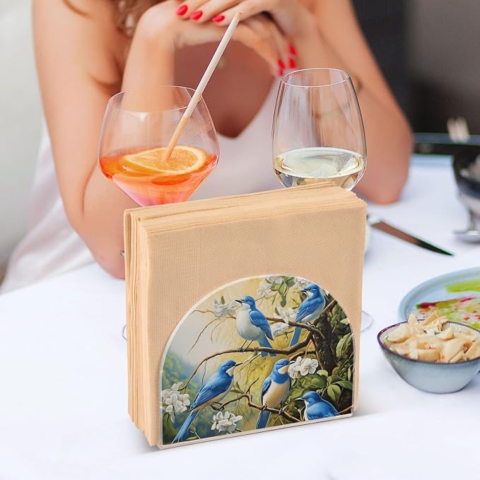Fustylead Blue Bird White Flower Patterned Napkin Holder for Table Acrylic Vertical Napkin Holders for Paper Napkins Decor Napkin Dispenser for Home Party Dining Cocktail Kitchen Accessories, 2 PC