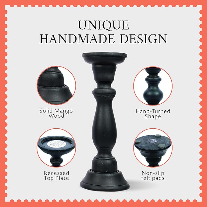 Mela Artisans 6”, 9” & 12” Mango Wood Pillar Candle Holder Set of 3 – Tuli Design Matte Black – Wooden Candle Holders for Table, Mantel & Living Room Décor