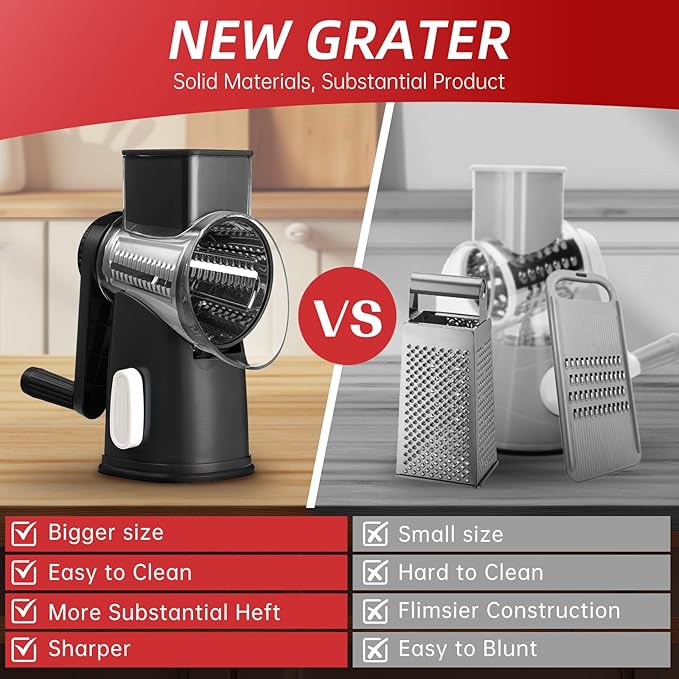 Rotary Cheese Grater with 4 Blades, Hand Crank Cheese Grater with Waffle Slicer, Red, Black and White Cheese Shredder with Suction Base, Easier for Shredding & Grating (Black)