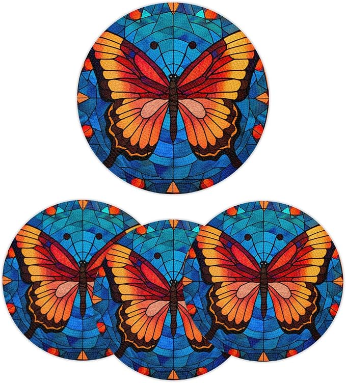 Round Placemats Set of 4, Butterfly Glass Background Woven Placemats Mats Non-Slip Heat Resistant Washable Table Mats Round Braided Place for Farmhouse Kitchen Dining Party Decor 15in