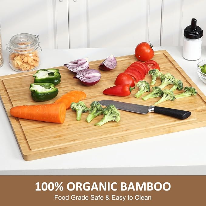 24" Bamboo Cutting Boards for Kitchen, Extra Large Wood Cutting Board with Deep Juice Groove and Handle, Over the Sink Chopping Board, Heavy Duty Butcher Block for Turkey, Meat, Vegetables, BBQ