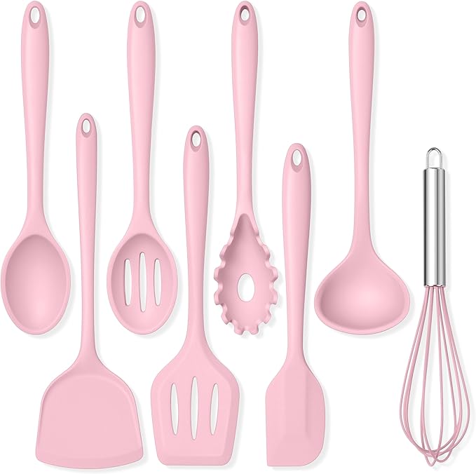TeamFar 8 PCS Silicone Cooking Utensils - 446°F Heat Resistant Kitchen Silicon Utensils Set, Turner, Spatula, Spoon, Whisk, Kitchen Cooking Gadgets Tools for Nonstick Cookware, Dishwasher Safe-Pink