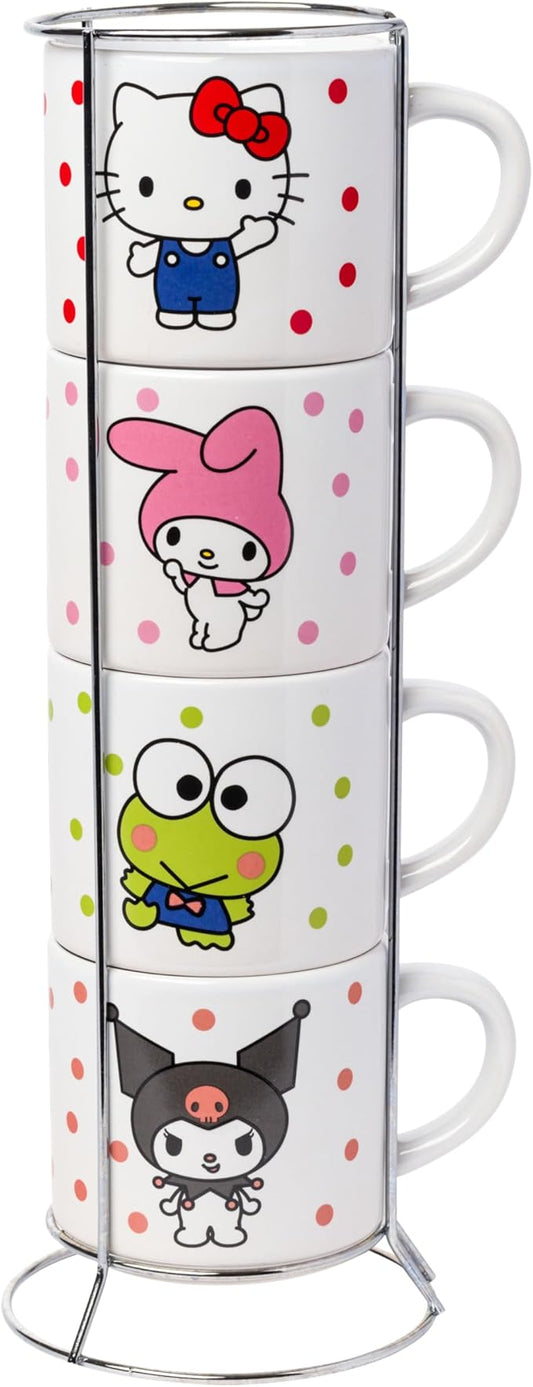 Silver Buffalo Sanrio Hello Kitty and Friends Featuring My Melody, Keroppi, and Kuromi 4 Pack Ceramic Mug Stack Set, 10 ounces