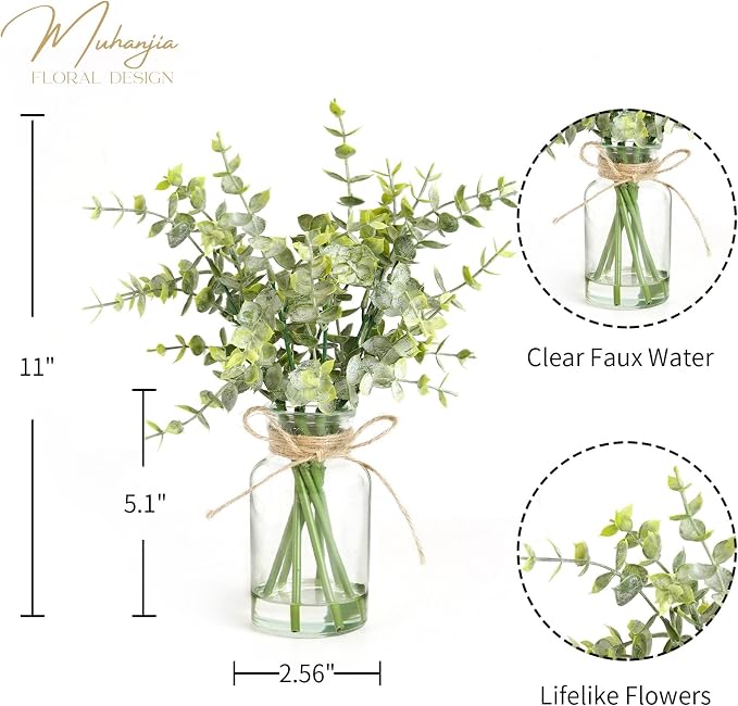 Muhanjia Artificial Eucalyptus Stems in Glass Vase with Faux Water,7Pcs Fake Plant for Centerpiece Bathroom Farmhouse Room Home Decor (Sage Green Eucalyptus)