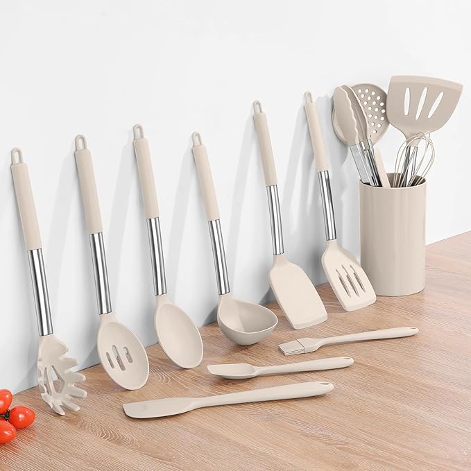 Onader Silicone Cooking Utensils Set of 15, Kitchen Utensils Set with Holder for Nonstick Cookware, 446°F Heat Resistant Stainless Steel Handle - Khaki