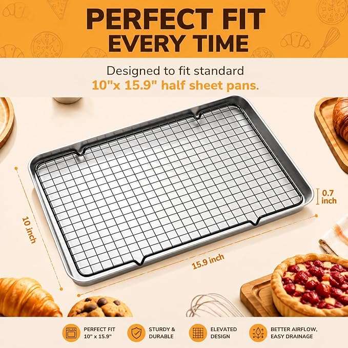Cooling Rack Set of 1, 10" x 16" No Warp Heavy Duty Stainless Steel Baking Rack - Fits Half Sheet Pan, Oven Safe 575°F,for Baking, Roasting & Dehydrating, Dishwasher Safe