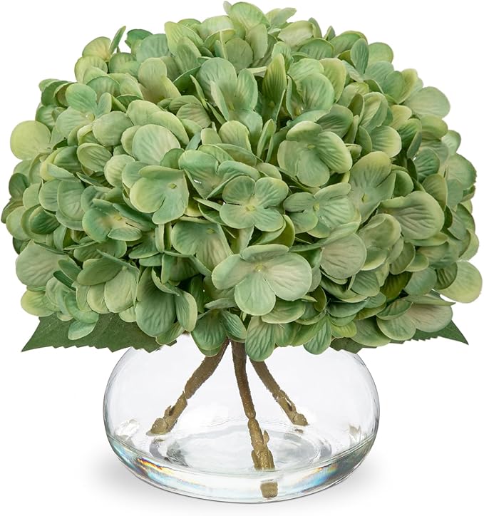 Hollyone Dark Green Hydrangea Artificial Flowers with Glass Vase Silk Faux Flowers Arrangements in Vase with Faux Water Fake Floral Bulk Bouquet for Home Decor Table Centerpiece Decorations