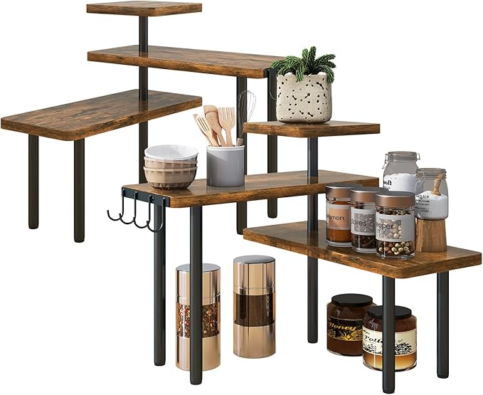 IBUYKE Kitchen Countertop Organizer,Set of 2,3-Tier Wooden Spice Racks,Bathroom Counter Organizer,Rotating Adjustable,Corner Shelf for Kitchen,Coffee Bar, Cabinet, Desk,Rustic Brown,TLJ023H-2