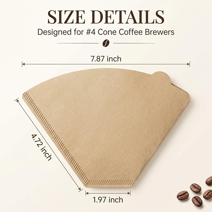 100 Count Coffee Filters #4 Cone Paper Unbleached, Disposable Cone Coffee Filters 8-12 Cup, Number 4 Coffee Paper Filters Fits For Pour Over and Compatible with Drip Coffee Maker