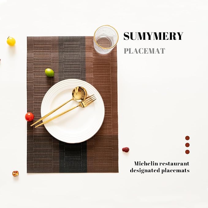 Placemats Set of 8 Vinyl/Plastic Woven Place Mats for Kitchen Table Indoor/Outdoor Washable Placemat Wipeable Dining Table Mats (Ombre Brown Black,8)