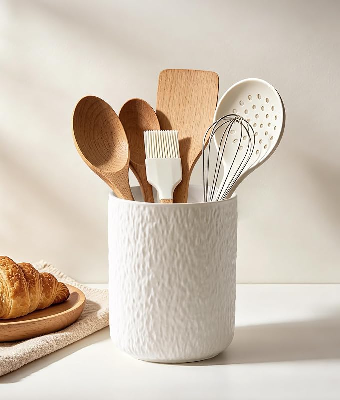 Kitchen Utensil Holder for Countertop, Ceramic Utensil Crock with Ripple Texture, Heavyweight White Kitchen Organizer for Spatulas, Spoons & Cooking Tools, Modern Minimalist Counter Decor