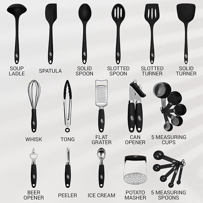 Kaluns Silicone Kitchen Utensils Set 24 Pcs Silicone Cooking Utensils Set - Can Opener, Masher, Turner, Spatula 446°F Heat Resistant Non-Stick - Premium Utensil Set