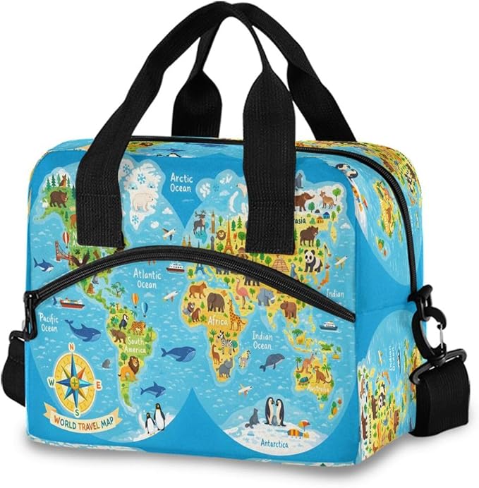 ALAZA Cute Blue Animal World Map Insulated Lunch Bag for Women Men Reusable Lunch Box Tote Bag Adjustable Shoulder Strap Cooler Bag Leakproof for Work School Picnic