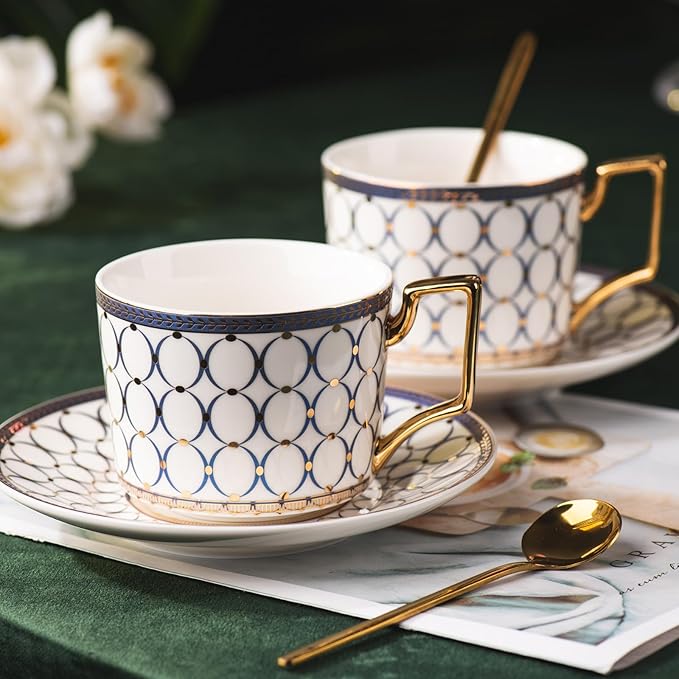 CwlwGO-European Bone China Tea Cup Sets, Blue and White Porcelain Tea Cups and Saucers Service for 4,Tea Sets For Women Party or Gifts Giving.