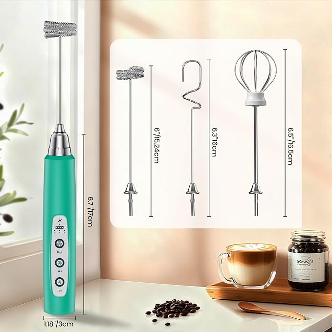 Colarlemo Milk Frother Handheld Rechargeable, Frother Wand Drink Mixer Electric Whisk for Coffee, Detachable With 3 Stainless Whisks, Hand Mixer for Lattes, Cappuccino, Matcha, Egg, No Stand, Green