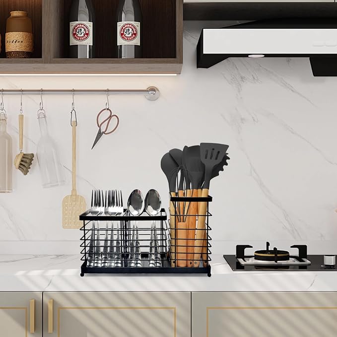 Kitchen Utensil Holder for Countertop, Thickened Stainless Steel Black Utensil Holder with Drainage Base, Large Capacity Kitchen Utensil Organizer with 1 Removable Divider (3 Compartment)