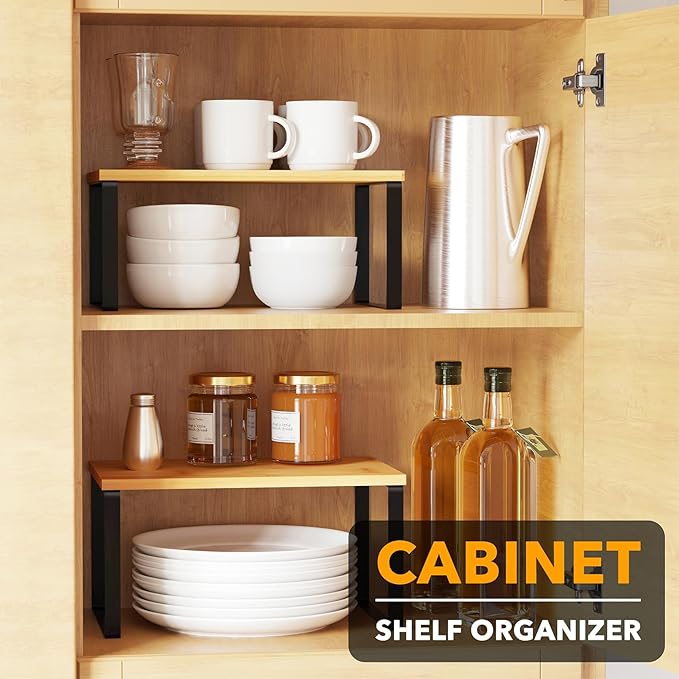 SpaceAid Cabinet Shelf Organizers 2 Pack, Kitchen Counter Rack Shelves Riser, Stackable Expandable Spice Rack, Pantry Cupboard Storage Organization (Black and Natural, Short)