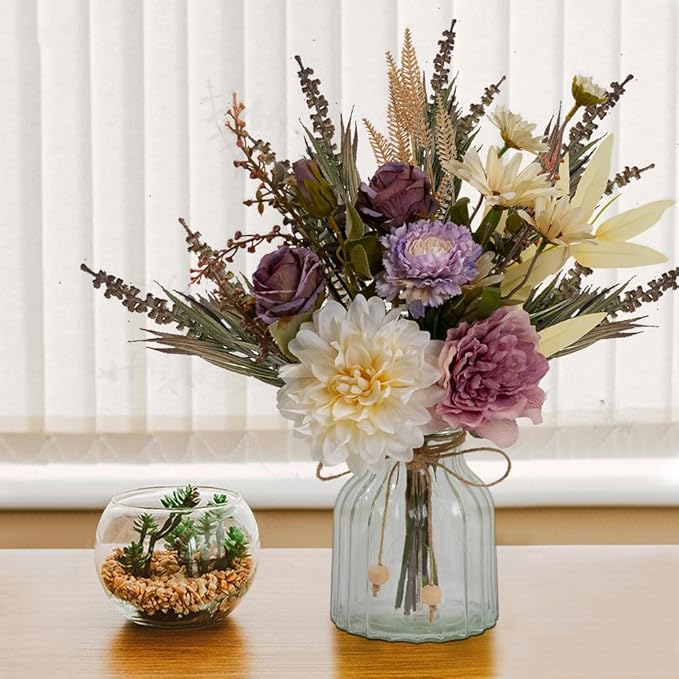 LESING Dahlia Flower Aritificial Flower with Vase Fake Silk Flowers in Glass Vase Faux Rose Flowers Arrangement for Home Office Table Centerpiece Decoration (Purple)