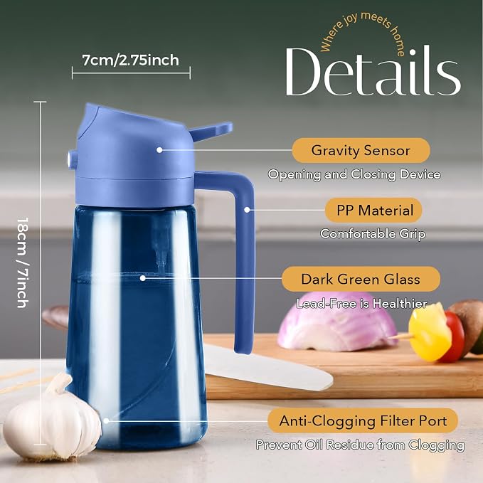 YARRAMATE 16oz/470ml Light-Blocking Dark Oil Sprayer for Cooking, 2 in 1 Olive Oil Dispenser Bottle for Kitchen, Premium Blue Glass Oil Bottle, Food-Grade Oil Mister for Air Fryer, BBQ (Navy)