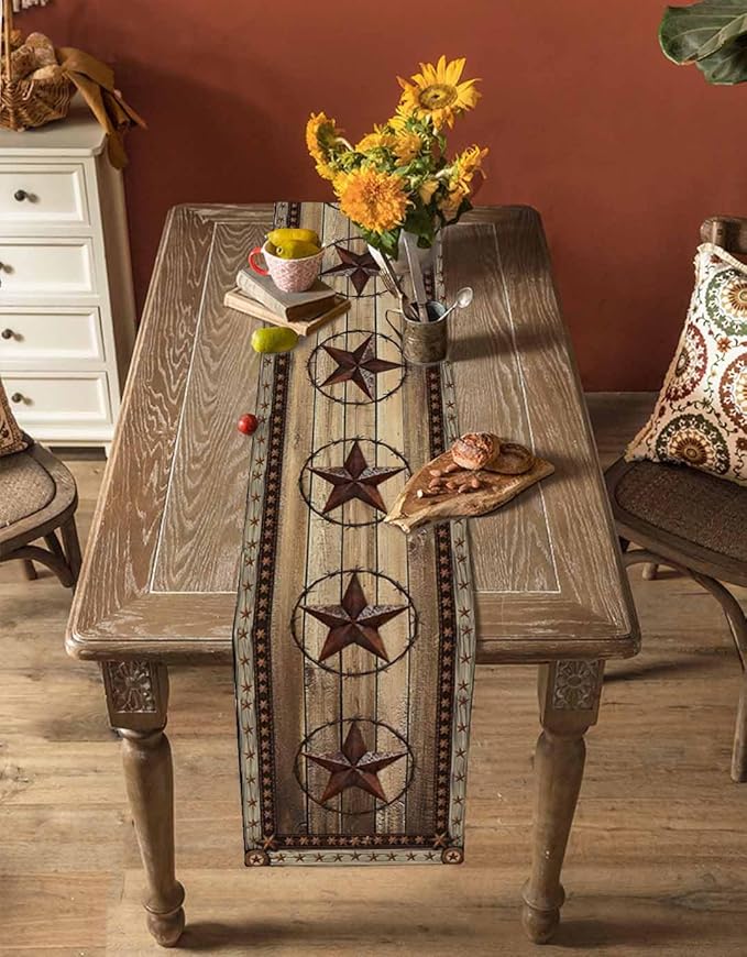 Western Farmhouse Table Runner 48 Inch Long Dresser Scarves Primitive Rustic Cotton Linen Tablerunners Country Retro Texas Star Dining Kitchen Burlap Table Setting Decor for Party Holiday, 13"x48"