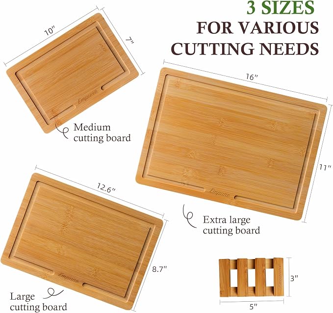 Bamboo Cutting Boards for Kitchen, 3 Piece Extra Thick Cutting Board Set with Juice Groove, Deep Carbonized Bamboo Chopping Board, Reversible Wood Cutting Board for Meat, Charcuterie & Serving