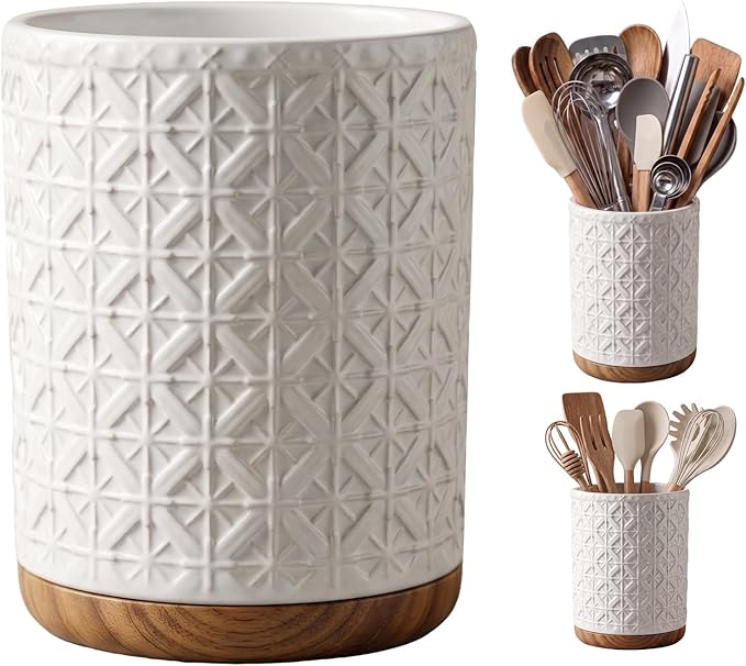 Boho Kitchen Decor Ceramic Utensil Holder with Wooden Base, Checkered Utensils Holder for Farmhouse Indoor Decorations, Utensil Crock for Kitchen Counter Utensil Organizer for Spatula & Spoon