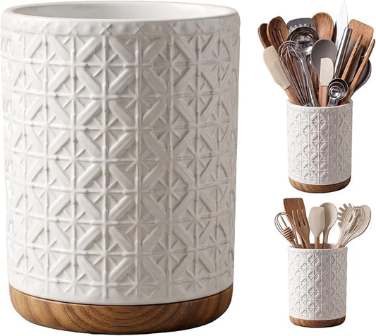 Boho Kitchen Decor Ceramic Utensil Holder with Wooden Base, Checkered Utensils Holder for Farmhouse Indoor Decorations, Utensil Crock for Kitchen Counter Utensil Organizer for Spatula & Spoon