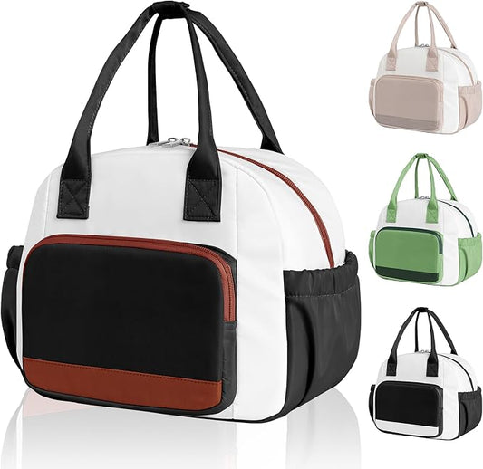 Stylish Color-blocked Lunch Bag for Women, Leakproof Lunch Box for Adult Girls, Large Capacity Reusable Lunch Box for Work Picnic Travel (Black with Off White with Brown)